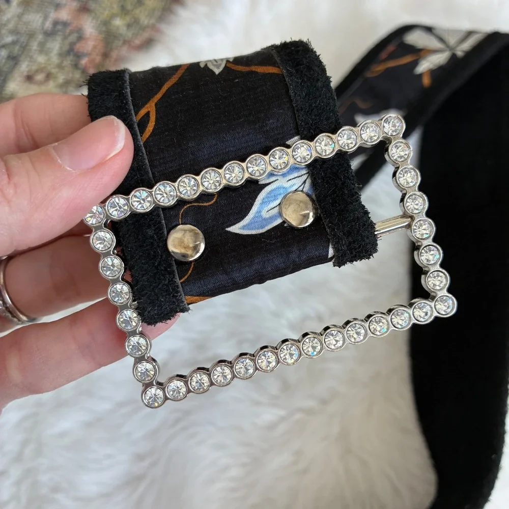 Vintage Silk‎ and Suede Hip Belt Black Botanical Leaf Rhinestone Buckle Korea